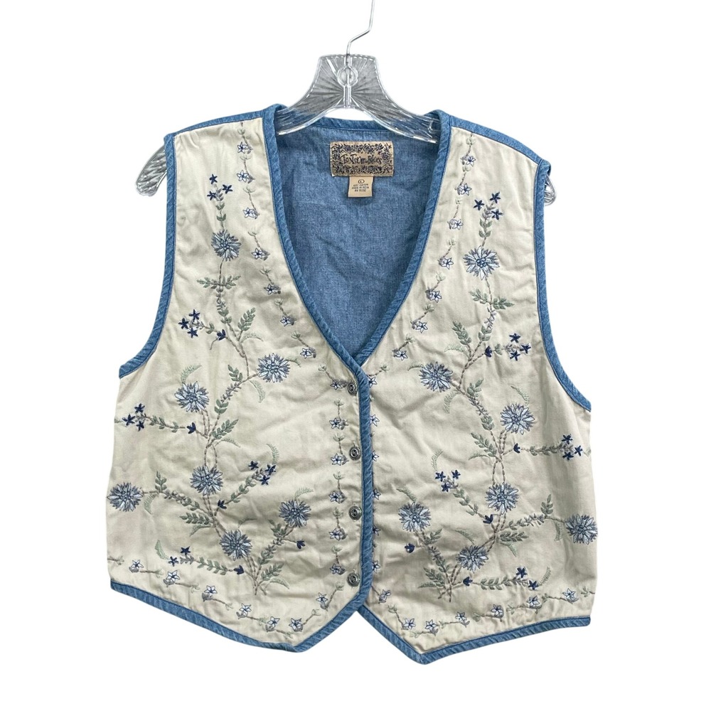 Tantrum Blues Vest Womens Large Blue Cream Floral Embroidered Denim Back Cotton